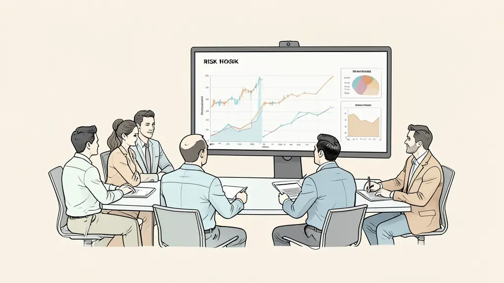 A professional office setting with a diverse team of analysts discussing a complex risk matrix on a large digital screen, focusing on financial charts and probability heatmaps, editorial style, high resolution