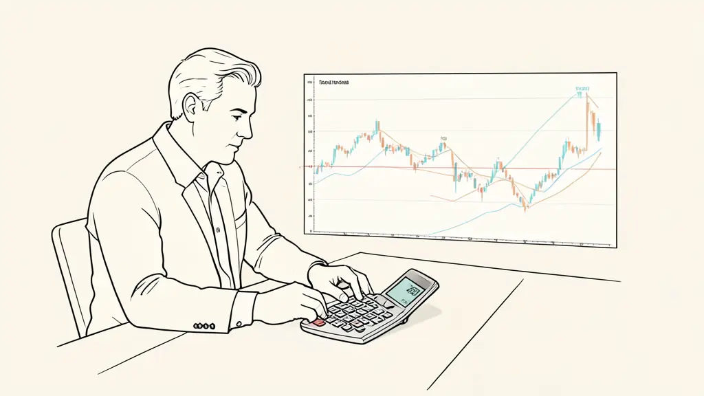 Trader calculating position size on a desk, calculator showing 250 euros, trading chart with three different stop distances