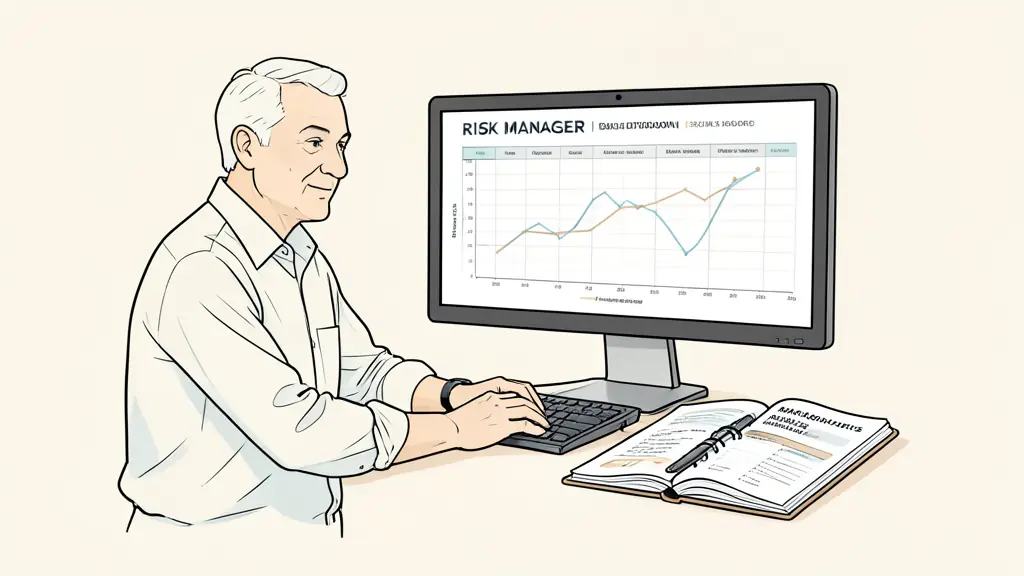Risk manager reviewing a drawdown table, equity curve on a monitor, notebook with daily and maximum loss limits