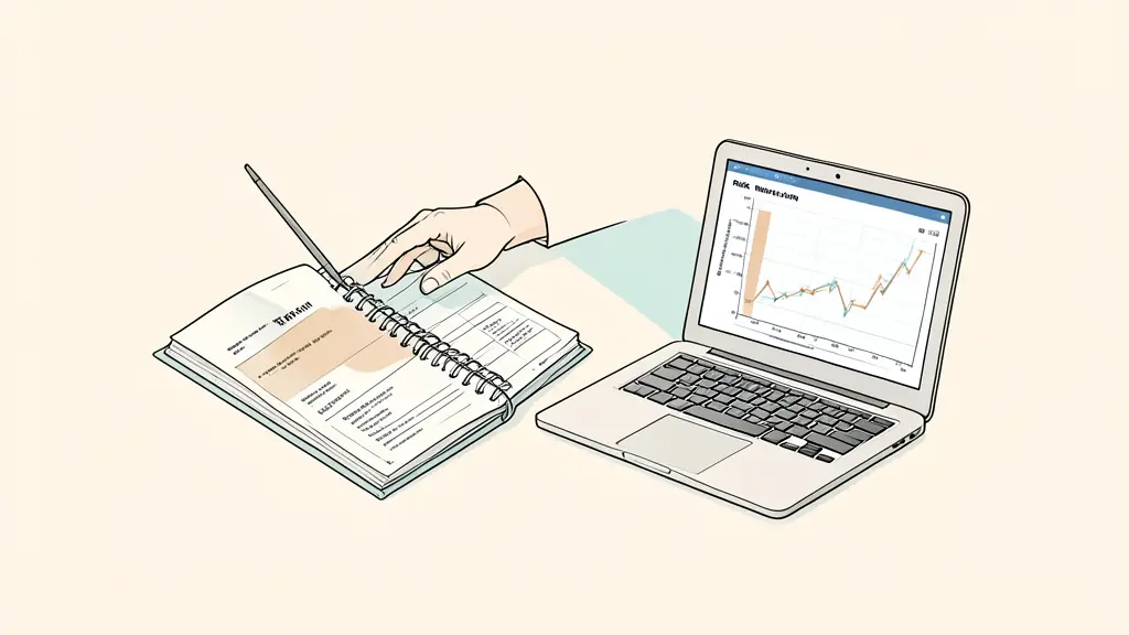 Editorial photograph of a trader reviewing prop firm contract pages beside a trading journal and a laptop displaying risk categories, no visible text or logo
