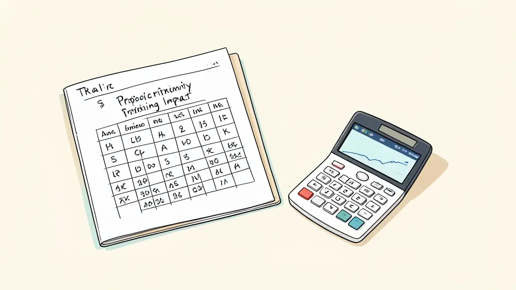 Editorial photograph of a desk with a handwritten probability impact grid, a trading journal and a calculator beside an open trading platform, no visible text or logo