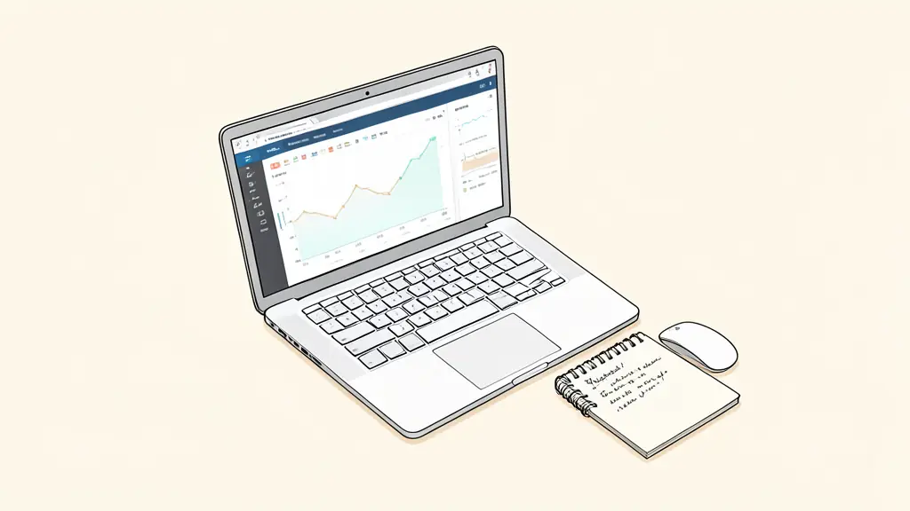 A professional trading workspace with a laptop showing a detailed performance dashboard and a handwritten notebook next to a computer mouse, editorial style, high angle shot