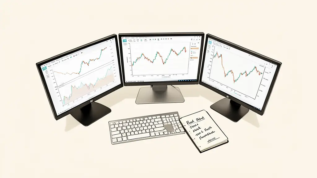 High angle shot of a professional trading workstation with three monitors showing financial charts, a physical notebook with handwritten risk thresholds, and a minimalist desk setup, editorial style, cinematic lighting