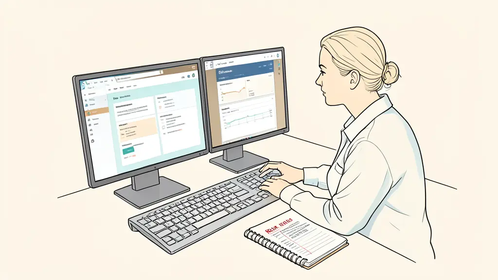 Trader reviewing a simulated evaluation dashboard on two monitors, printed contract beside the keyboard, risk limits marked on a notebook