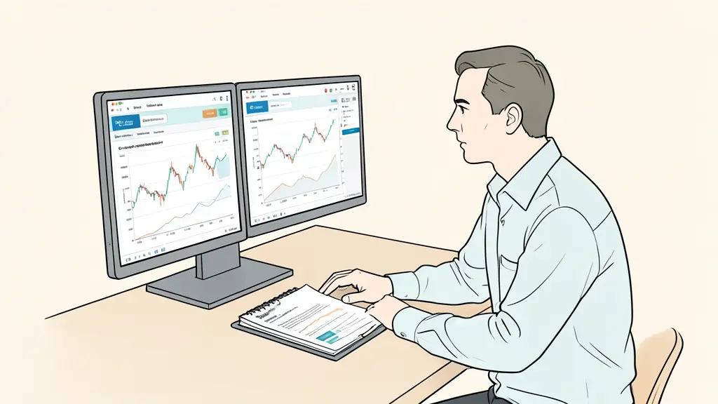 Trader reviewing a simulated trading account on two monitors, risk limits visible as charts, evaluation agreement open on the desk