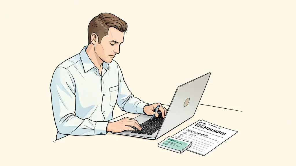 Trader checking a profit target and daily loss limit, identity documents beside a laptop, evaluation checklist on paper