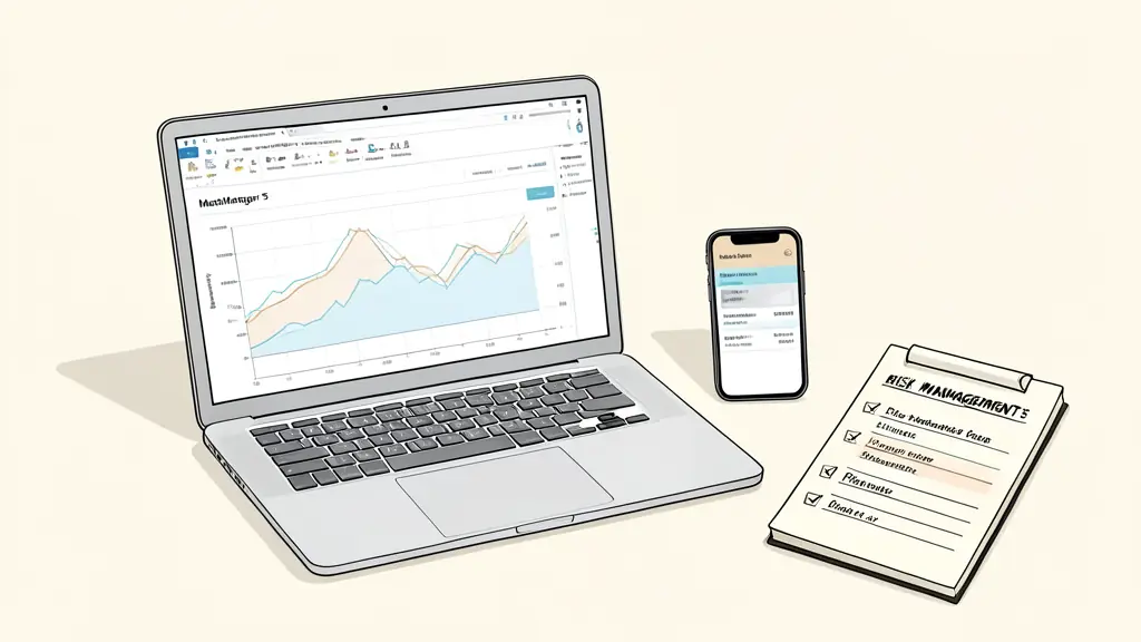 A professional trader's desk with a laptop showing MetaTrader 5 charts, a digital wallet on a smartphone screen showing crypto transactions, and a checklist of risk management rules on a notepad.