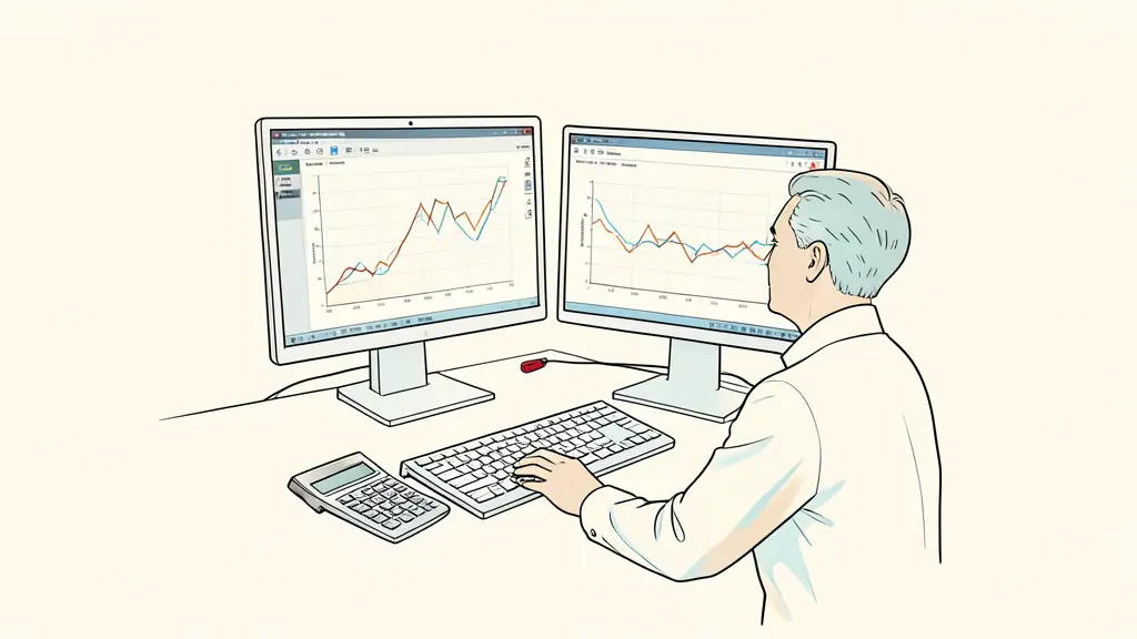 Editorial photograph of a trader reviewing an equity curve on dual monitors, calculator beside the keyboard, red risk marker on the desk, no text, no logos