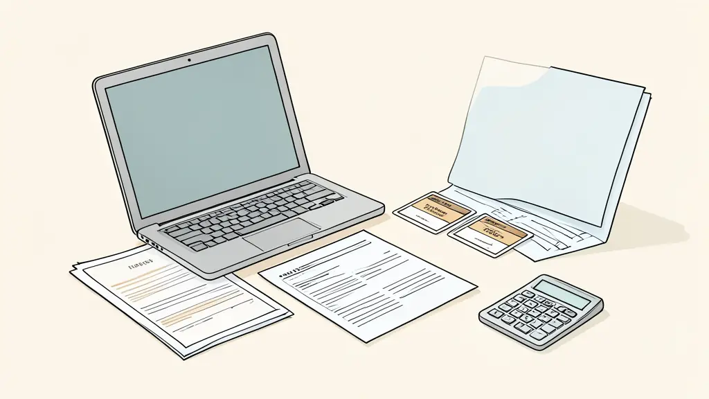 Editorial photograph of a trader comparing three decision cards beside a laptop, printed contract pages on the desk, calculator near a payment statement, no text, no logos